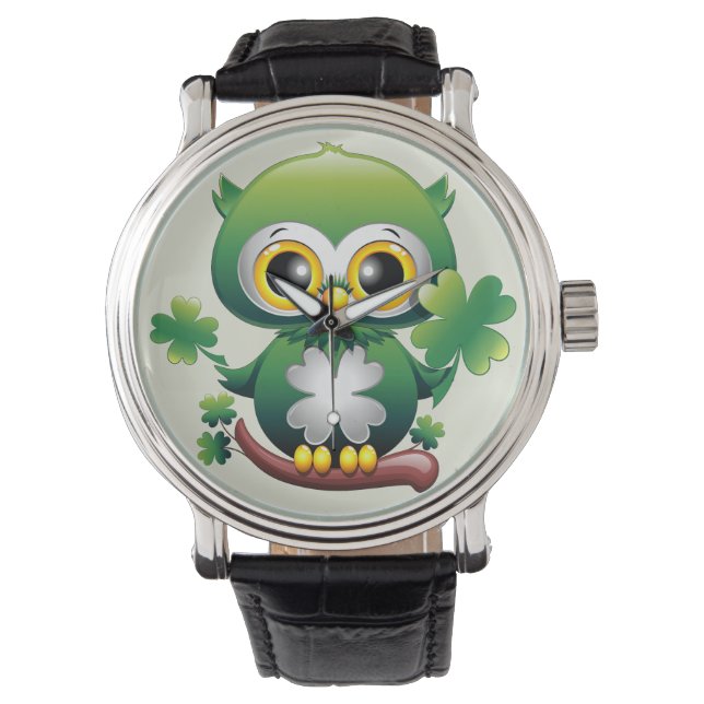 Baby Uil Schattige St. Patrick Cartoon Horloge (Voorkant)