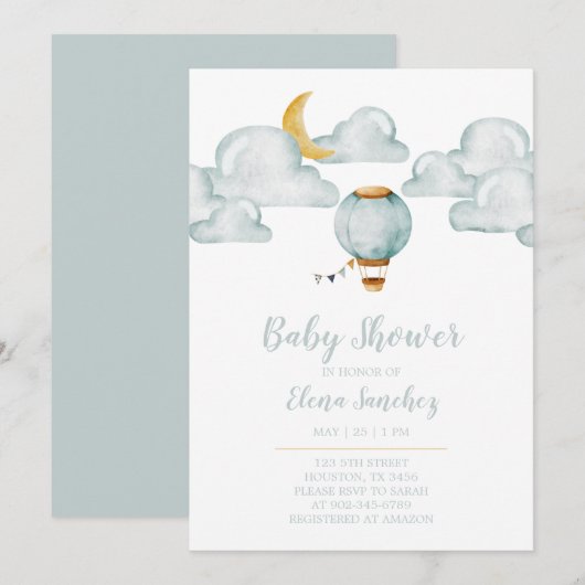Baby Uitnodiging - Zacht blauw Baby shower (Voorkant / Achterkant)