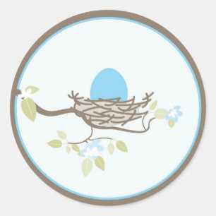 Baby Uitnodiging/Zelfklever - Blauwe Ei in Nest Ronde Sticker