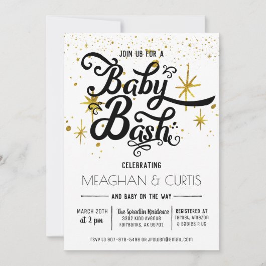 Baby Uitnodiging | Zwart, wit en goud (Voorkant)