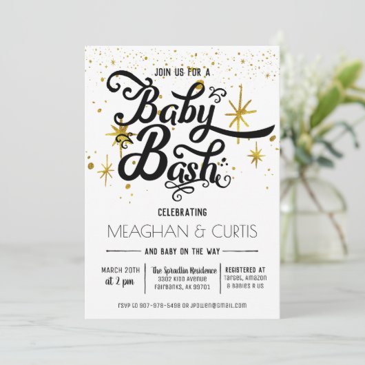 Baby Uitnodiging | Zwart, wit en goud (Staand voorkant)