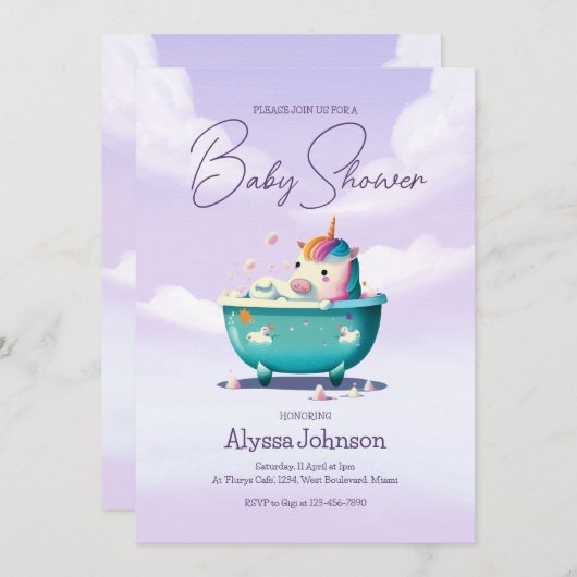 Baby Unicorn Bath Time | Uitnodiging tot Baby show (Voorkant / Achterkant)