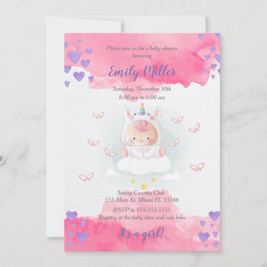 Baby unicorn girl douche waterverf kaart (Voorkant)