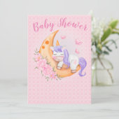 Baby Unicorn over de maan met bloemen Kaart (Staand voorkant)