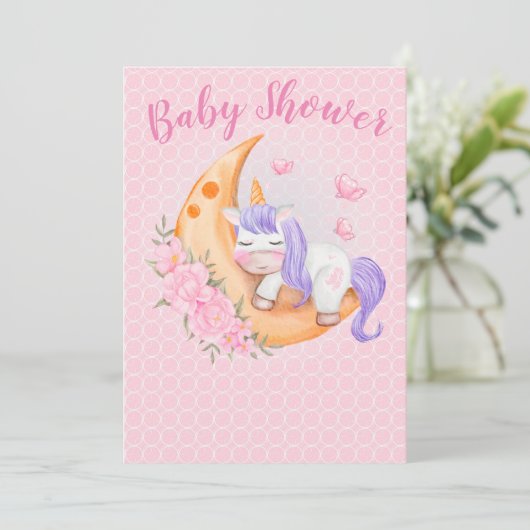 Baby Unicorn over de maan met bloemen Kaart (Staand voorkant)