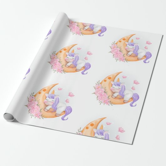 Baby Unicorn over de maan met ventilator Cadeaupapier (Uitgerold)