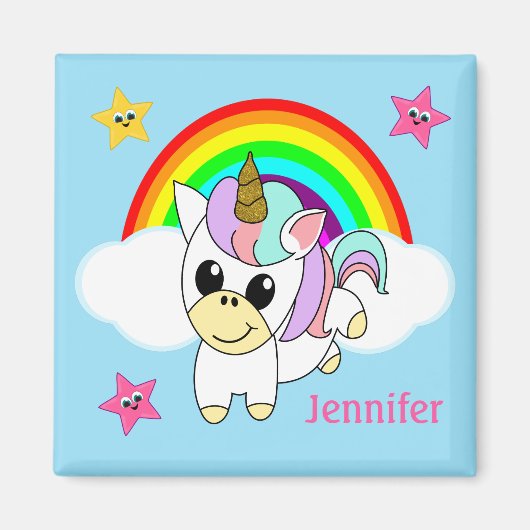 Baby Unicorn Rainbow en Clouds, gepersonaliseerd Magneet (Voorkant)