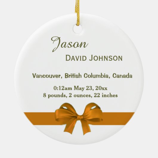 baby vakantie-ornamenten. gouden lint keramisch ornament (Achterkant)