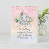 Baby van de waterverf Elephant en Bloemen 1e verja Kaart (Staand voorkant)