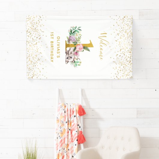 Baby van de waterverf Kat en Bloemen 1ste verjaard Spandoek (Insitu)