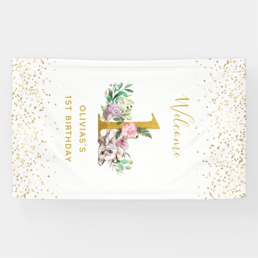 Baby van de waterverf Kat en Bloemen 1ste verjaard Spandoek (Horizontaal)