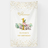 Baby van de waterverf Kat en Bloemen 1ste verjaard Spandoek (Verticaal)