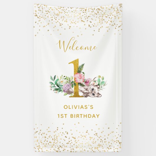 Baby van de waterverf Kat en Bloemen 1ste verjaard Spandoek (Verticaal)
