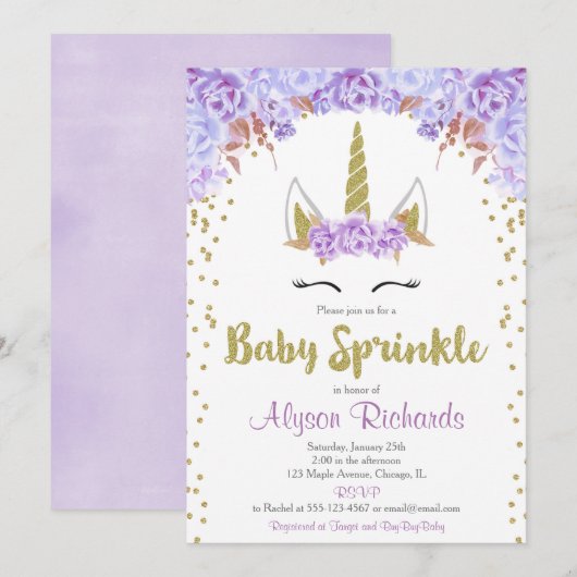 Baby van Paarse en gouden eenhoorn Kaart (Voorkant / Achterkant)