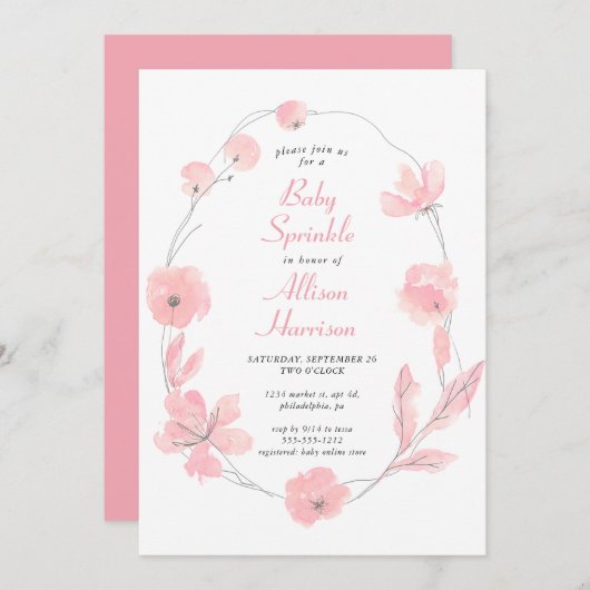 Baby van roze Floral Waterverf Kaart (Voorkant / Achterkant)