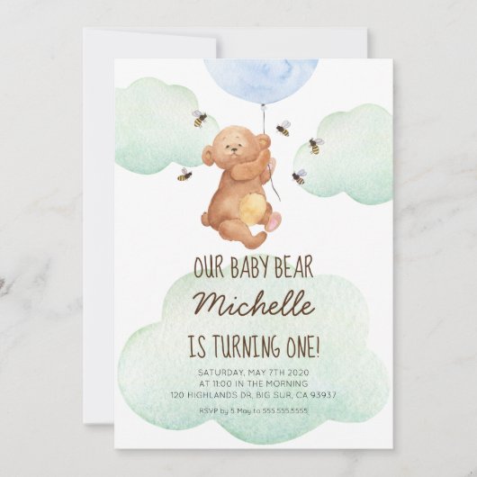 Baby van Teddy Bear Bijen 1e verjaardag Uitnodigin Kaart (Voorkant)