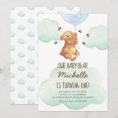 Baby van Teddy Bear Bijen 1e verjaardag Uitnodigin Kaart (Voorkant / Achterkant)