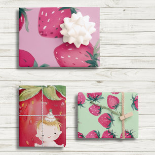 Baby Verjaardag Aardbeienwikkel Aardbeien in Roze Inpakpapier Vel