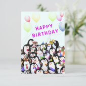 Baby Verjaardag Kaart Happy Penguins Party Funny (Staand voorkant)