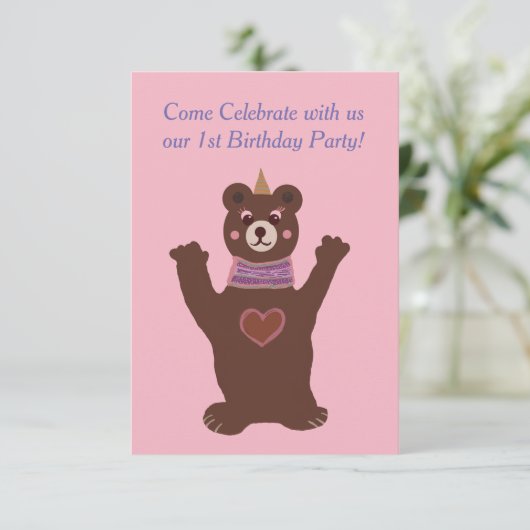 Baby Verjaardagsuitnodiging, beer Kaart (Staand voorkant)