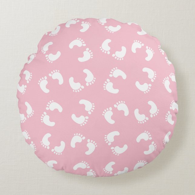 Baby voetafdrukken, baby's voet, voetstappen, roze rond kussen (Voorkant)