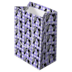 Baby voetafdrukken op Paarse gingham Medium Gift B Cadeauzakje