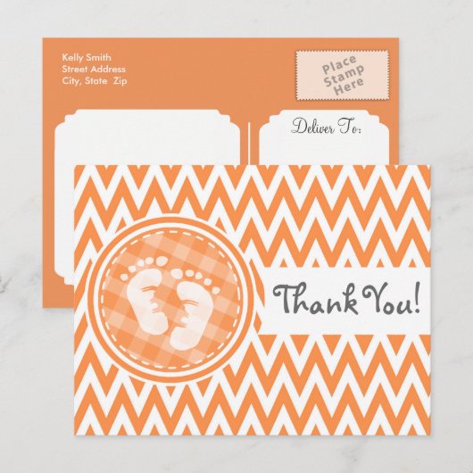 Baby Voeten; Oranje en witte Chevron Briefkaart (Voorkant / Achterkant)
