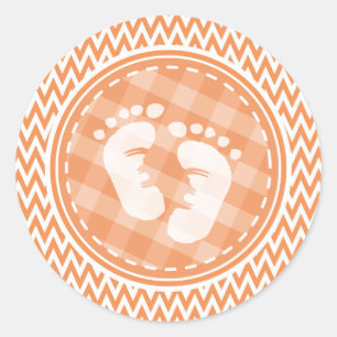 Baby Voeten; Oranje en witte Chevron Ronde Sticker