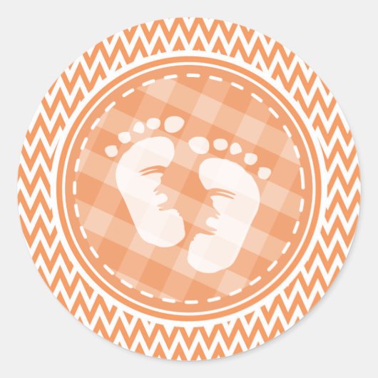 Baby Voeten; Oranje en witte Chevron Ronde Sticker (Voorkant)