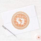 Baby Voeten; Oranje en witte Chevron Ronde Sticker (Envelop)