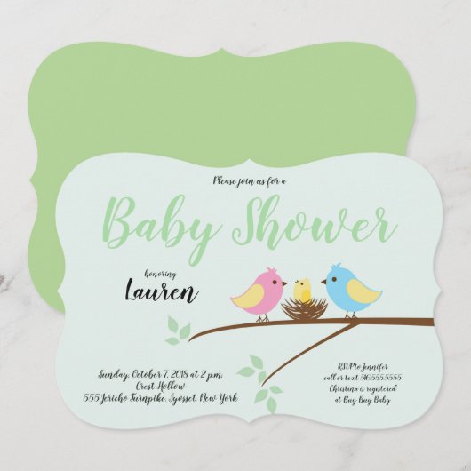 Baby vogels Branch Nest Baby shower Invitation Kaart (Voorkant / Achterkant)