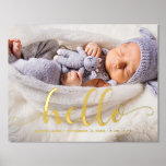 Baby voor scriptletters "Hallo" Folie Afdrukken<br><div class="desc">Welkom uw nieuwe bundel van vreugde in stijl met ons Manuscript dat Hallo Baby Foto Folie Prints, uitsluitend beschikbaar op Zazzle! Dit prachtige en aanpasbare poster is voorzien van elegant script dat "Hallo Baby" in een opvallend gouden folie-effect uitschrijft, waardoor het de perfecte aanvulling is op elke crèche of babykamer....</div>