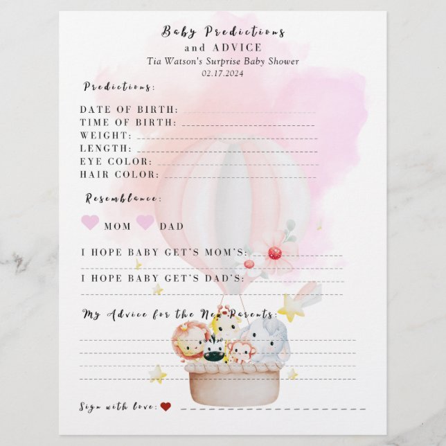 Baby Voorspelling & Advies Spel Baby shower (Voorkant)