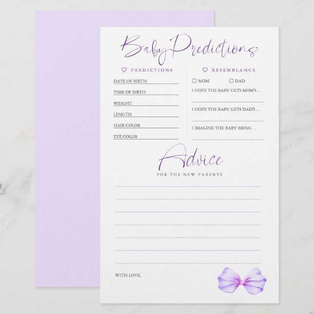 Baby Voorspellingen Advies Paarse Baby shower Spel (Voorkant / Achterkant)