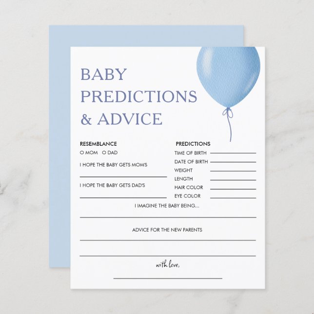 Baby Voorspellingen | Blue Balloon Boy Baby shower (Voorkant / Achterkant)