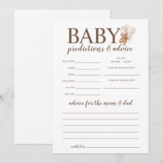 Baby Voorspellingen en Advies Teddybeer Spel Kaart (Voorkant / Achterkant)