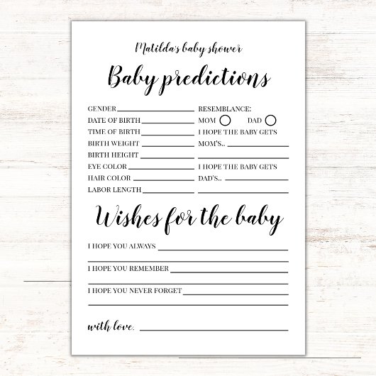Baby Voorspellingen en Wensen Baby shower Game Kaart