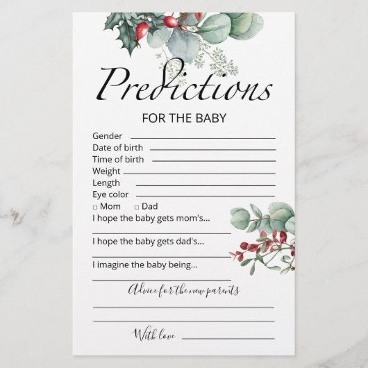 Baby voorspellingen kaart evergreen baby shower (Voorkant)
