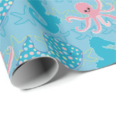Baby walvis, octopus en zeepaardje op Aqua Cadeaupapier (Rol Hoek)