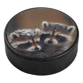 Baby wasberen huddle in vallende sneeuw hockey puck (3/4)