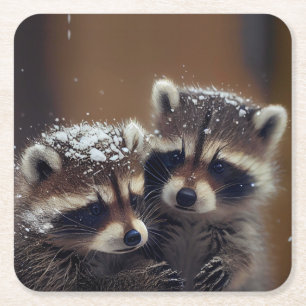 Baby wasberen huddle in vallende sneeuw kartonnen onderzetters