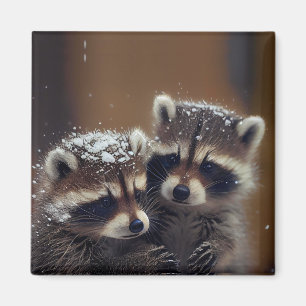 Baby wasberen huddle in vallende sneeuw magneet