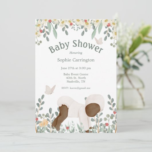 Baby Waterverf Floral Typography Baby shower Invi Kaart (Staand voorkant)