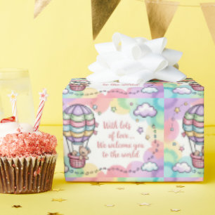 Baby Welkom met Teddybeer in Heet Lucht Ballon Cadeaupapier