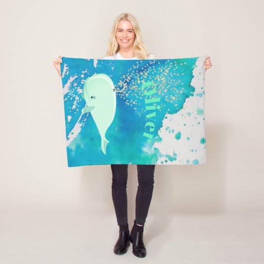 Baby Whale Gold Sparkle Blue Nautical Personal Fleece Deken (In situ)