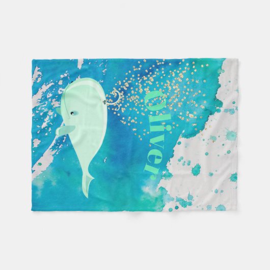 Baby Whale Gold Sparkle Blue Nautical Personal Fleece Deken (Voorkant (Horizontaal))