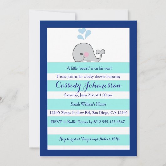 Baby Whale Little Squirt Boy Shower Invitation Kaart (Voorkant)