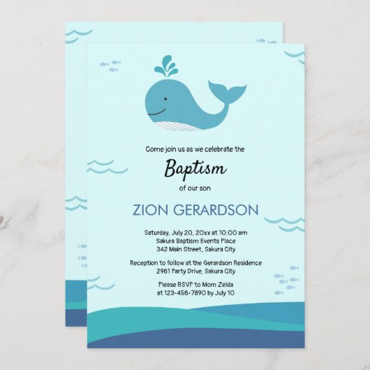 Baby Whale onder het Zee doop uitnodiging (Voorkant / Achterkant)