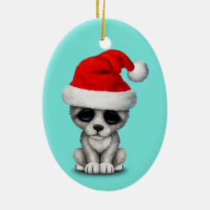 Baby Wolf Cub die een Santa Hat draagt Keramisch Ornament