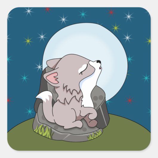 Baby Wolf Howling op een maan Vierkante Sticker (Voorkant)